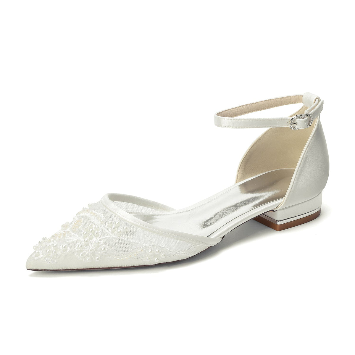 Women's Lace Silk Satin With Ankle Strap Closed Toe Flat Heel Evening Shoes