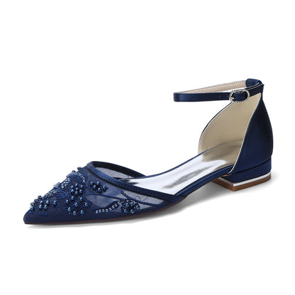 Women's Lace Silk Satin With Ankle Strap Closed Toe Flat Heel Evening Shoes