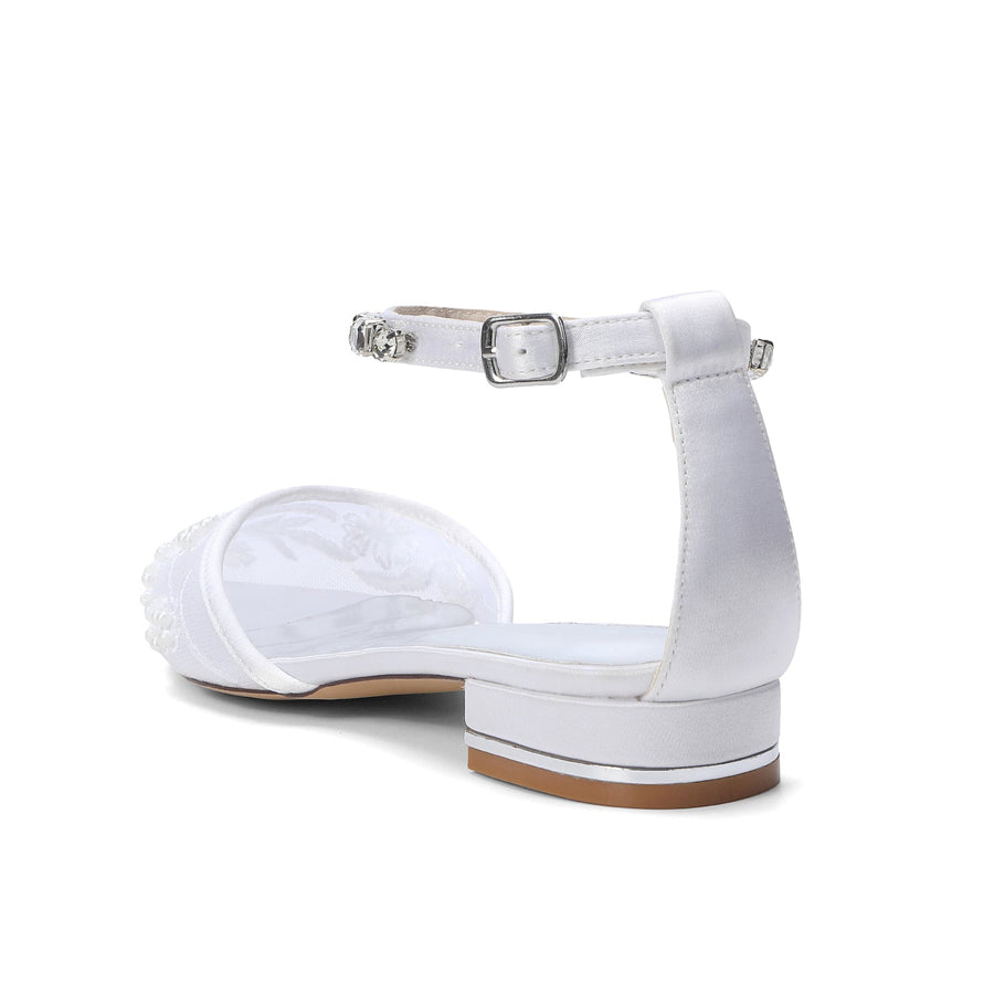 Women's Lace Silk Satin With Rhinestone Ankle Strap Closed Toe Flat Heel Evening Shoes