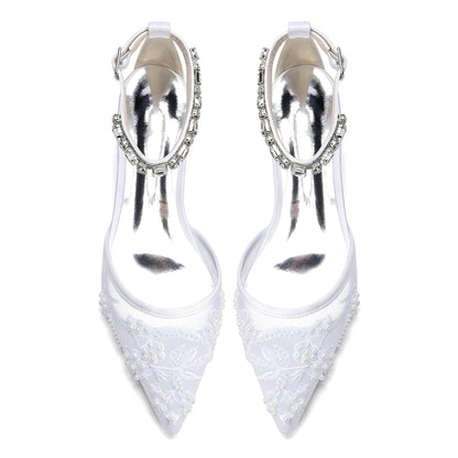 Women's Lace Silk Satin With Rhinestone Ankle Strap Closed Toe Flat Heel Evening Shoes