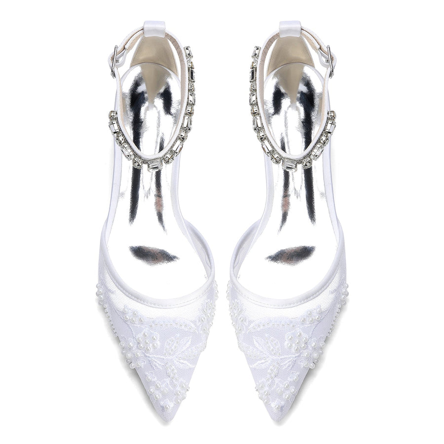 Women's Lace Silk Satin With Rhinestone Ankle Strap Closed Toe Flat Heel Evening Shoes
