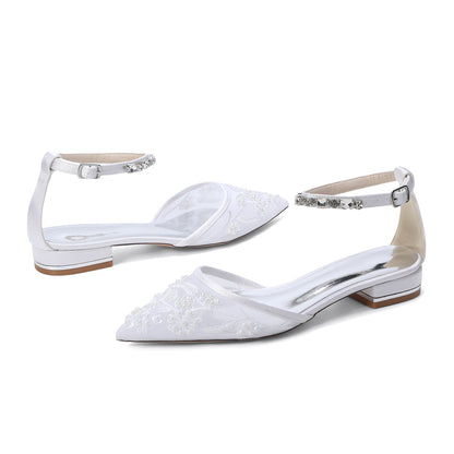 Women's Lace Silk Satin With Rhinestone Ankle Strap Closed Toe Flat Heel Evening Shoes