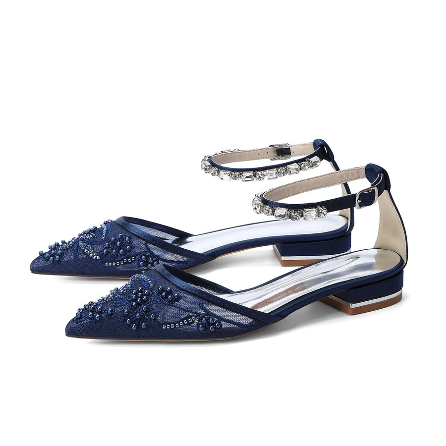 Women's Lace Silk Satin With Rhinestone Ankle Strap Closed Toe Flat Heel Evening Shoes