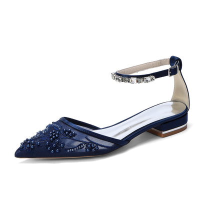 Women's Lace Silk Satin With Rhinestone Ankle Strap Closed Toe Flat Heel Evening Shoes