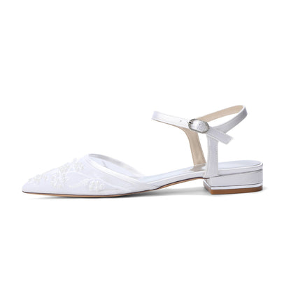Women's Lace Silk Satin With  Closed Toe Ankle Strap Flat Heel Evening Shoes