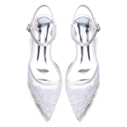 Women's Lace Silk Satin With  Closed Toe Ankle Strap Flat Heel Evening Shoes