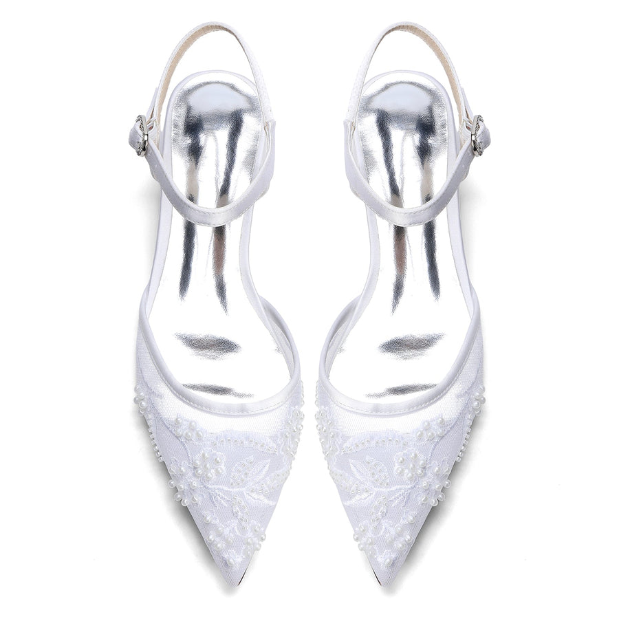 Women's Lace Silk Satin With  Closed Toe Ankle Strap Flat Heel Evening Shoes