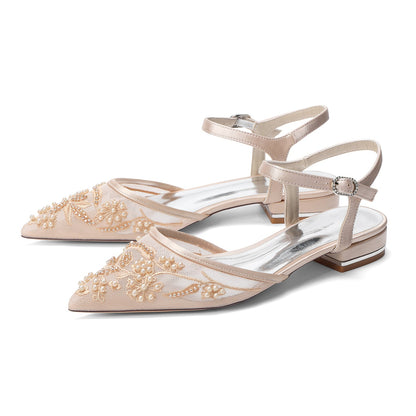 Women's Lace Silk Satin With  Closed Toe Ankle Strap Flat Heel Evening Shoes
