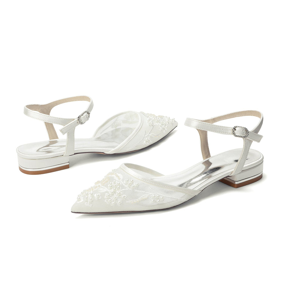 Women's Lace Silk Satin With  Closed Toe Ankle Strap Flat Heel Evening Shoes