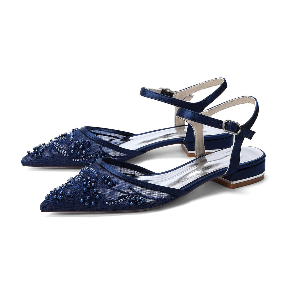 Women's Lace Silk Satin With  Closed Toe Ankle Strap Flat Heel Evening Shoes