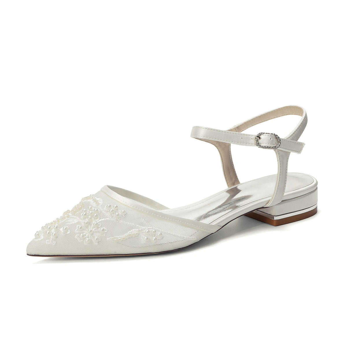 Women's Lace Silk Satin With  Closed Toe Ankle Strap Flat Heel Evening Shoes