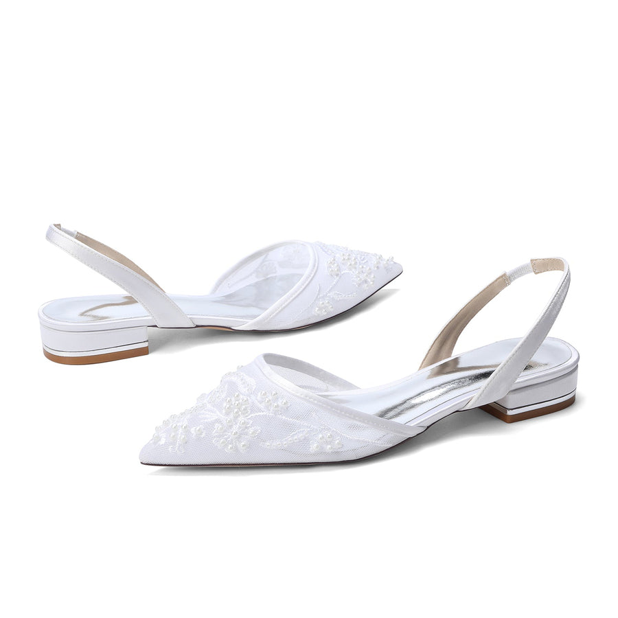 Women's Silk Satin With Lace Closed Toe Ankle Strap Flat Heel Evening Shoes