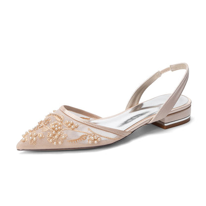 Women's Silk Satin With Lace Closed Toe Ankle Strap Flat Heel Evening Shoes