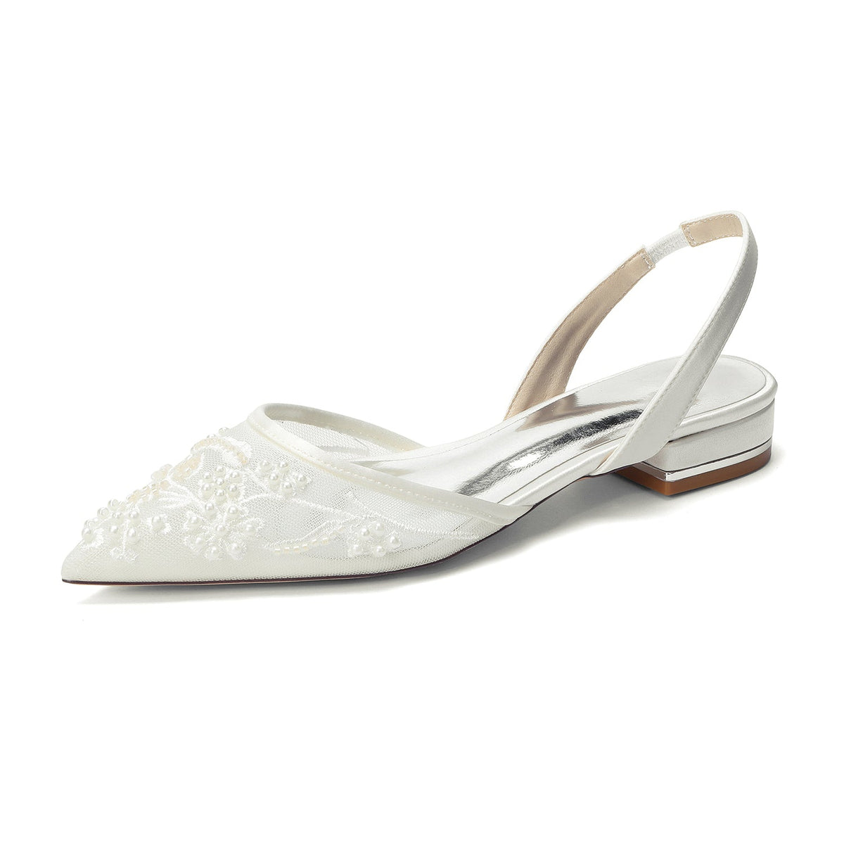 Women's Silk Satin With Lace Closed Toe Ankle Strap Flat Heel Evening Shoes