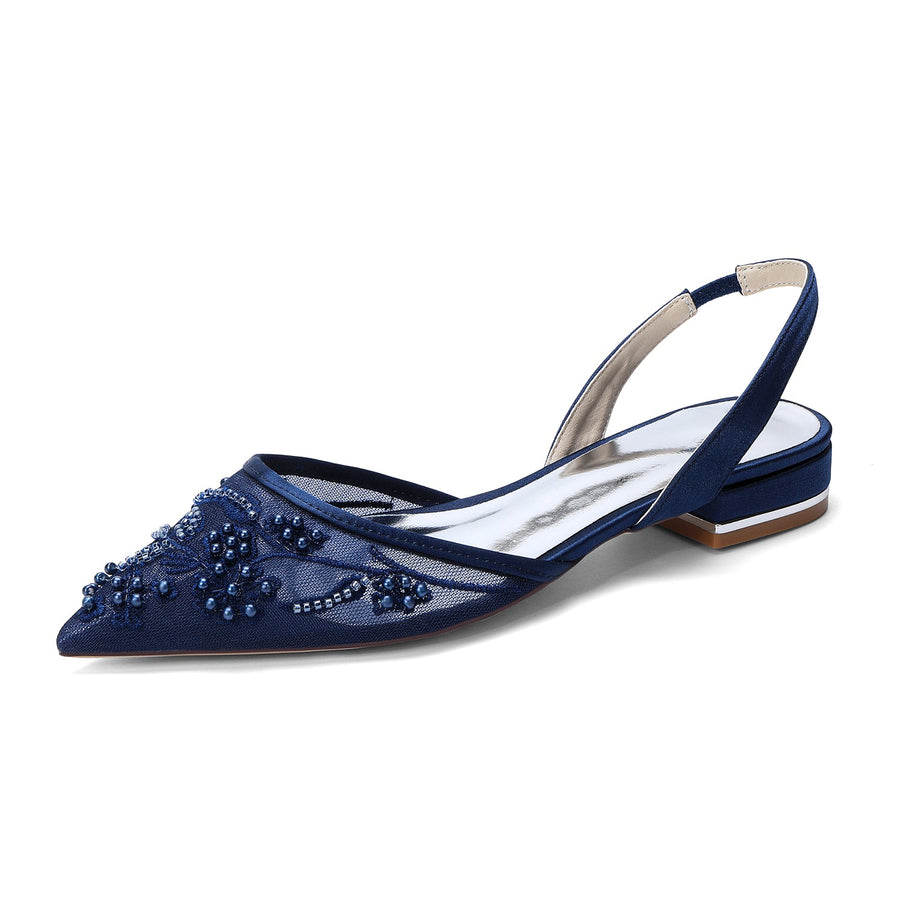 Women's Silk Satin With Lace Closed Toe Ankle Strap Flat Heel Evening Shoes