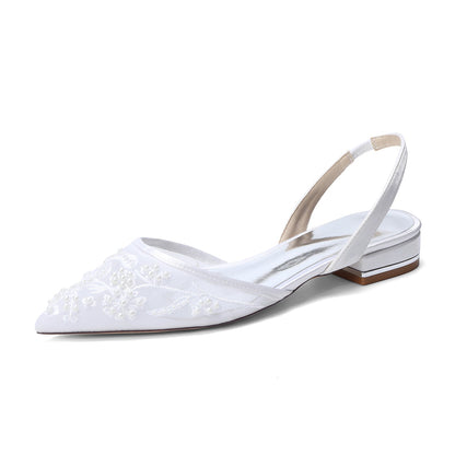 Women's Silk Satin With Lace Closed Toe Ankle Strap Flat Heel Evening Shoes