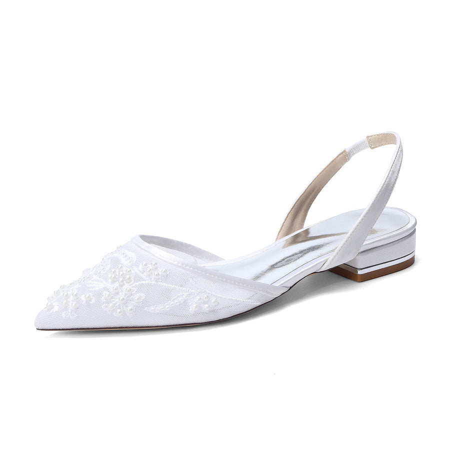 Women's Silk Satin With Lace Closed Toe Ankle Strap Flat Heel Evening Shoes