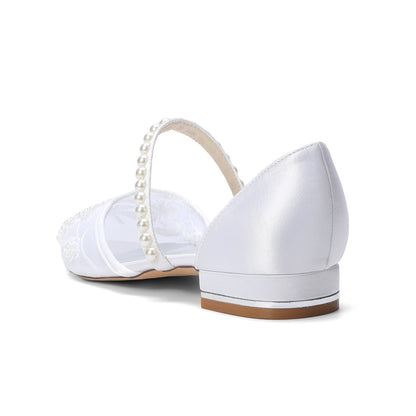 Women's Silk Satin With Lace  Ankle Strap Closed Toe Flat Heel Evening Shoes