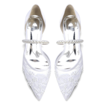 Women's Silk Satin With Lace  Ankle Strap Closed Toe Flat Heel Evening Shoes