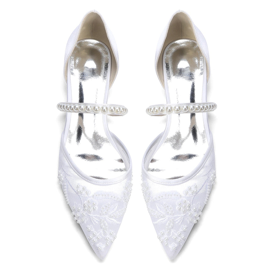 Women's Silk Satin With Lace  Ankle Strap Closed Toe Flat Heel Evening Shoes