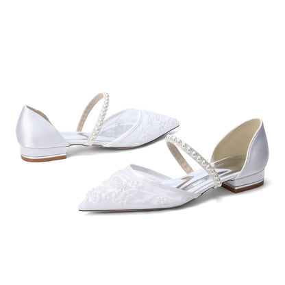 Women's Silk Satin With Lace  Ankle Strap Closed Toe Flat Heel Evening Shoes