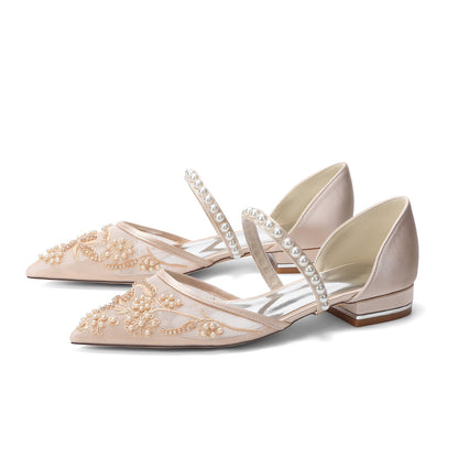 Women's Silk Satin With Lace  Ankle Strap Closed Toe Flat Heel Evening Shoes