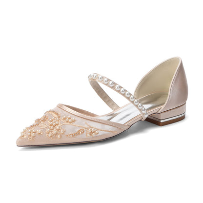 Women's Silk Satin With Lace  Ankle Strap Closed Toe Flat Heel Evening Shoes