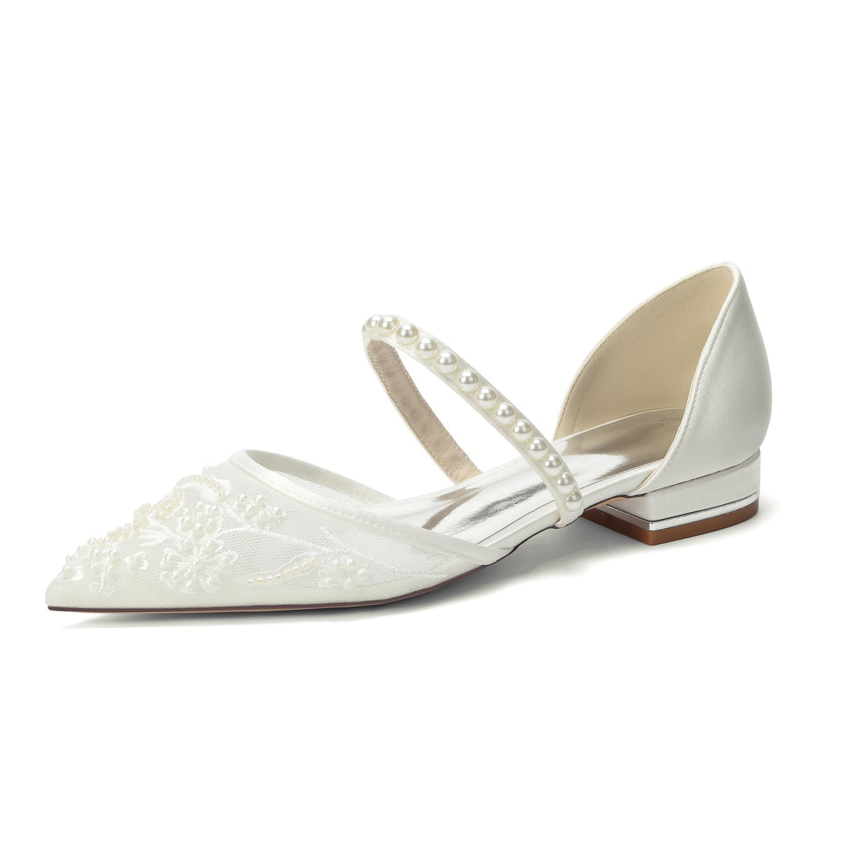 Women's Silk Satin With Lace  Ankle Strap Closed Toe Flat Heel Evening Shoes