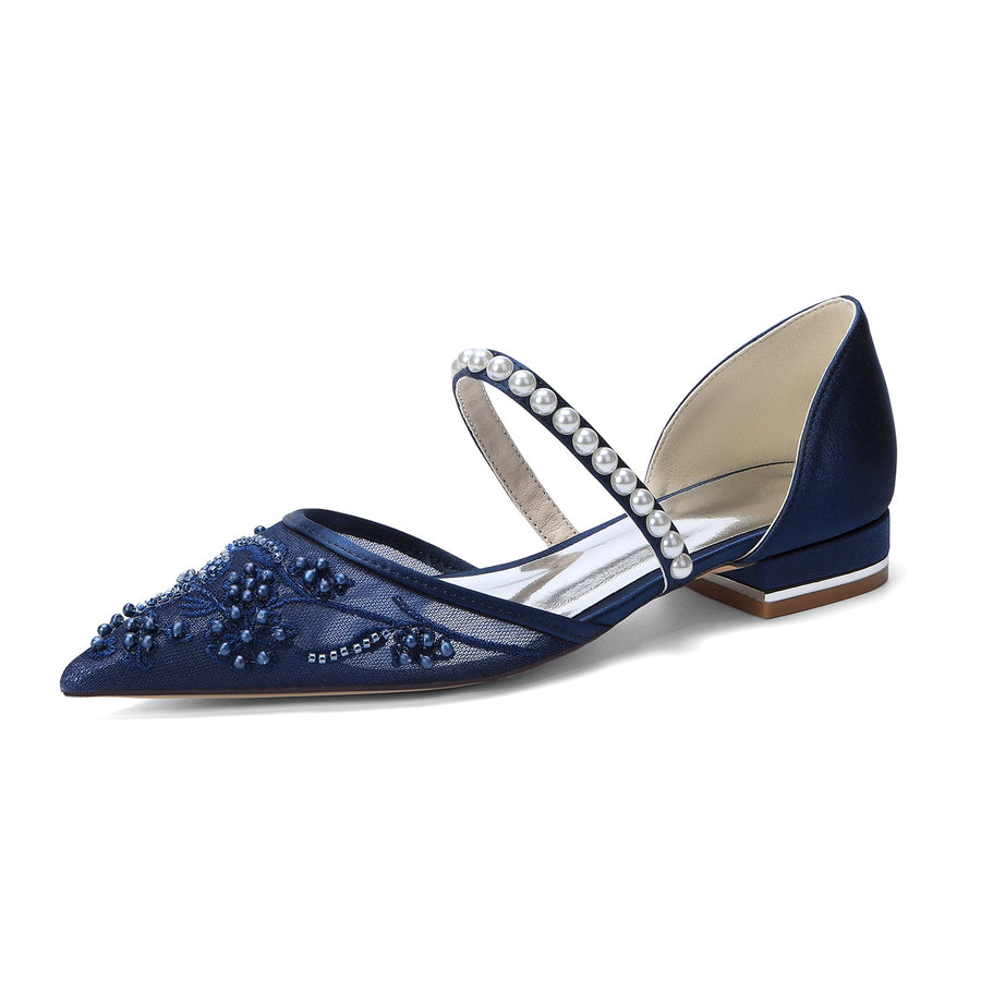 Women's Silk Satin With Lace  Ankle Strap Closed Toe Flat Heel Evening Shoes