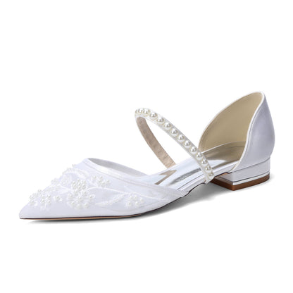 Women's Silk Satin With Lace  Ankle Strap Closed Toe Flat Heel Evening Shoes