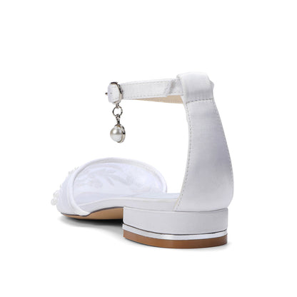 Women's Silk Satin With Lace Rhinestone Ankle Strap Closed Toe Flat Heel Evening Shoes