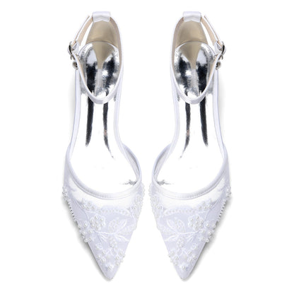Women's Silk Satin With Lace Rhinestone Ankle Strap Closed Toe Flat Heel Evening Shoes
