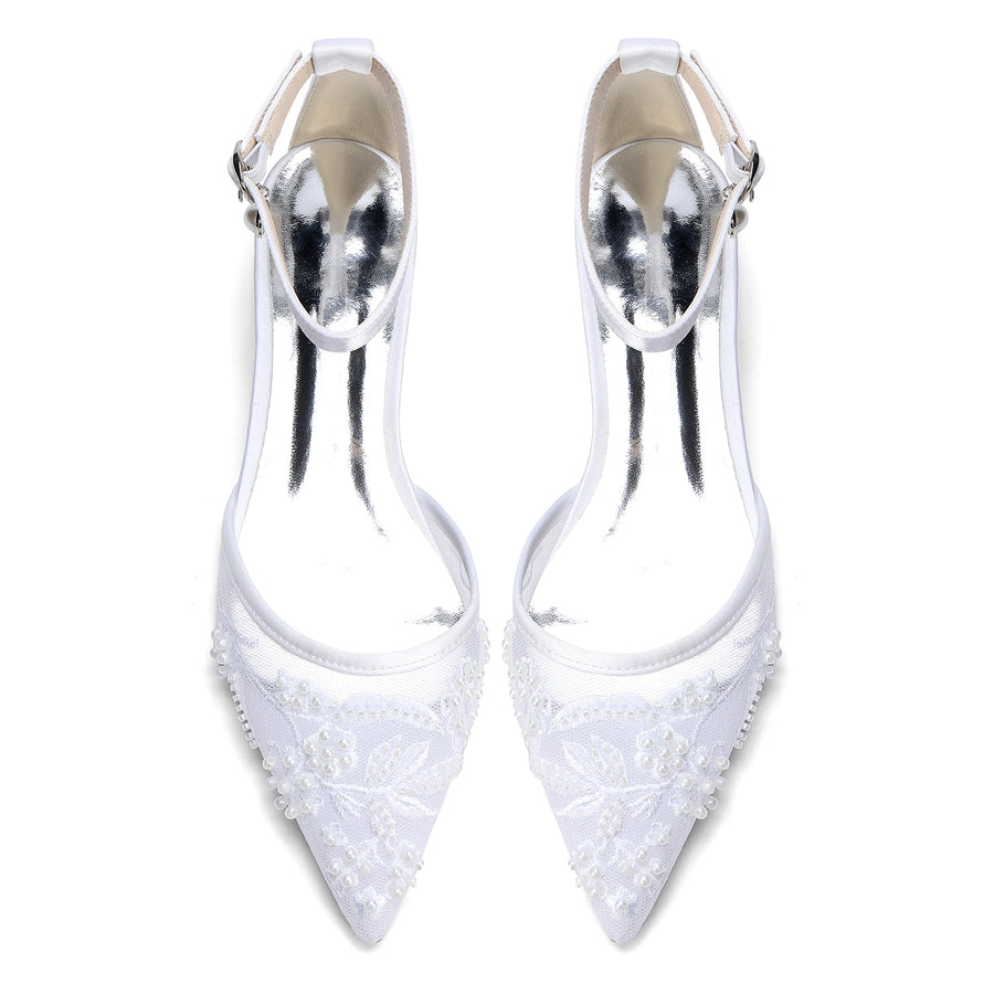 Women's Silk Satin With Lace Rhinestone Ankle Strap Closed Toe Flat Heel Evening Shoes