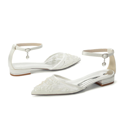Women's Silk Satin With Lace Rhinestone Ankle Strap Closed Toe Flat Heel Evening Shoes