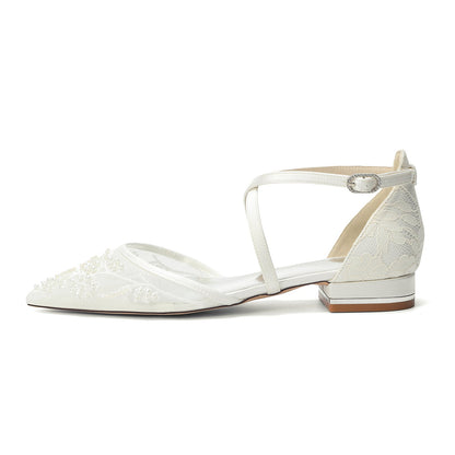 Women's Silk Satin With Lace Ankle Strap Closed Toe Flat Heel Evening Shoes