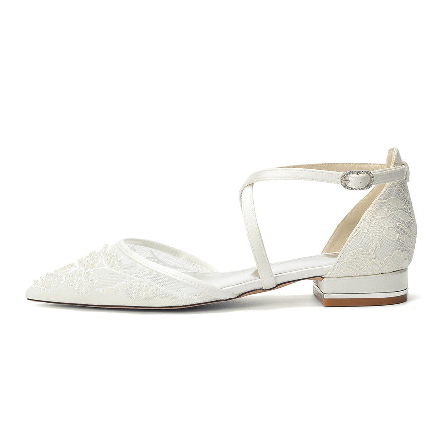 Women's Silk Satin With Lace Ankle Strap Closed Toe Flat Heel Evening Shoes