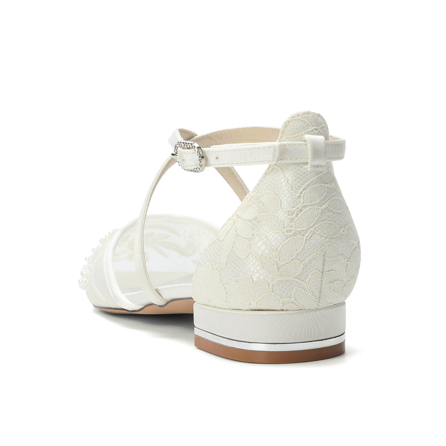 Women's Silk Satin With Lace Ankle Strap Closed Toe Flat Heel Evening Shoes