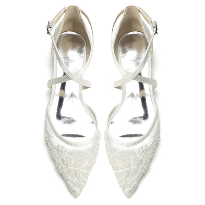 Women's Silk Satin With Lace Ankle Strap Closed Toe Flat Heel Evening Shoes