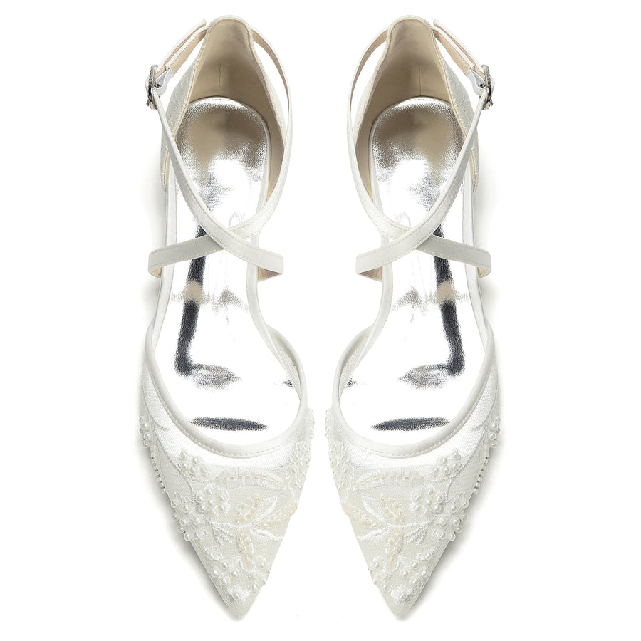 Women's Silk Satin With Lace Ankle Strap Closed Toe Flat Heel Evening Shoes