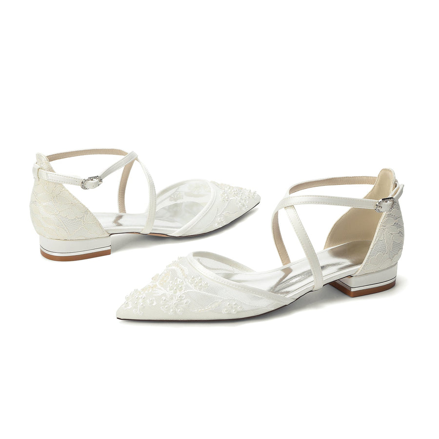 Women's Silk Satin With Lace Ankle Strap Closed Toe Flat Heel Evening Shoes