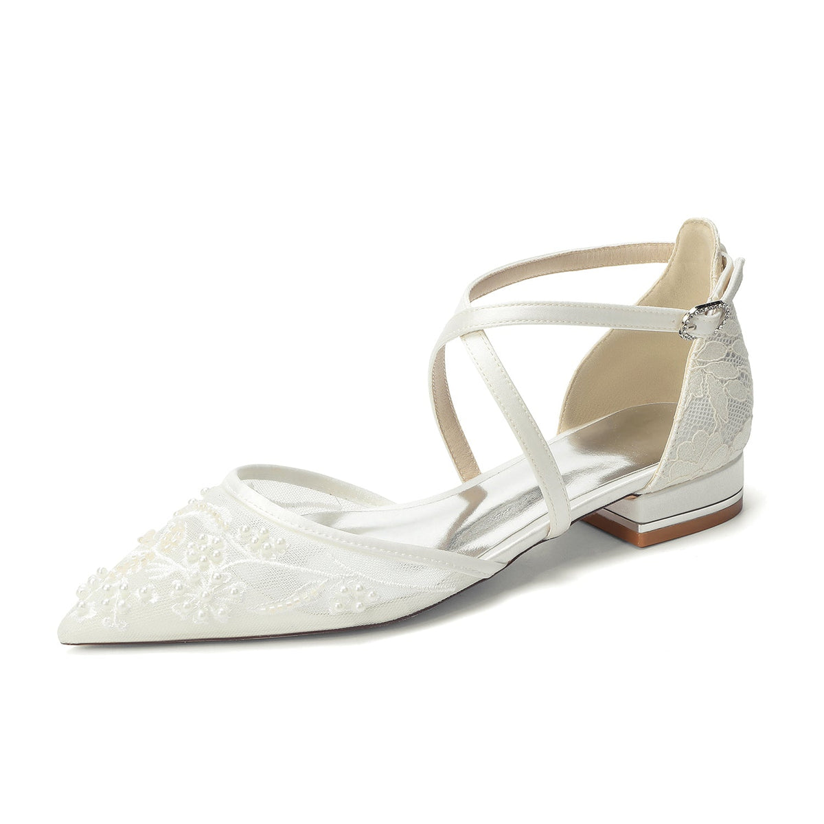 Women's Silk Satin With Lace Ankle Strap Closed Toe Flat Heel Evening Shoes