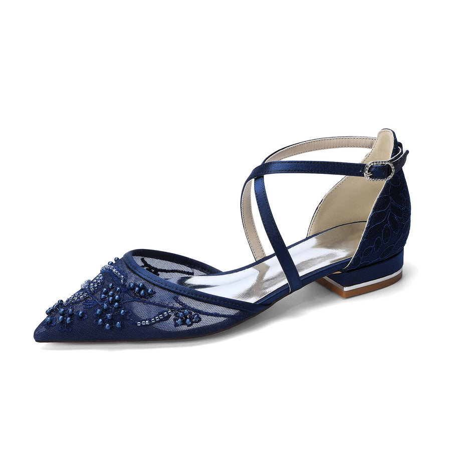 Women's Silk Satin With Lace Ankle Strap Closed Toe Flat Heel Evening Shoes