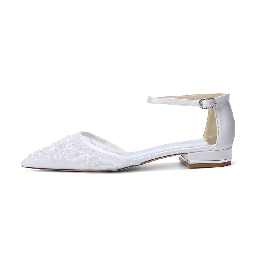 Women's Lace Silk Satin With Ankle Strap Closed Toe Flat Heel Evening Shoes