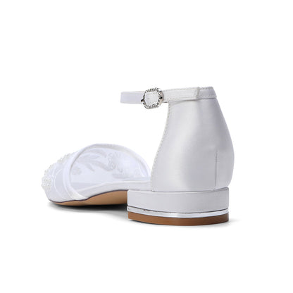 Women's Lace Silk Satin With Ankle Strap Closed Toe Flat Heel Evening Shoes