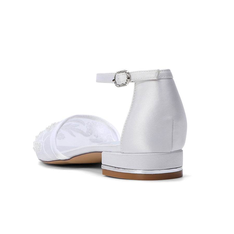 Women's Lace Silk Satin With Ankle Strap Closed Toe Flat Heel Evening Shoes
