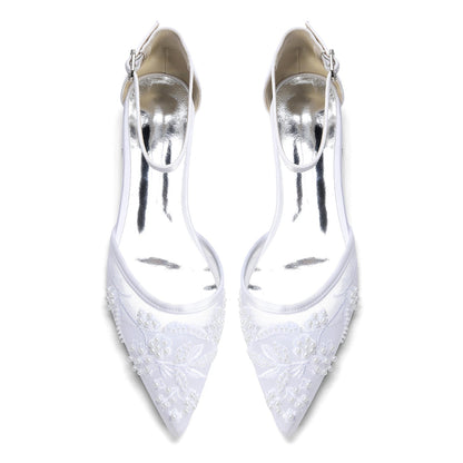 Women's Lace Silk Satin With Ankle Strap Closed Toe Flat Heel Evening Shoes