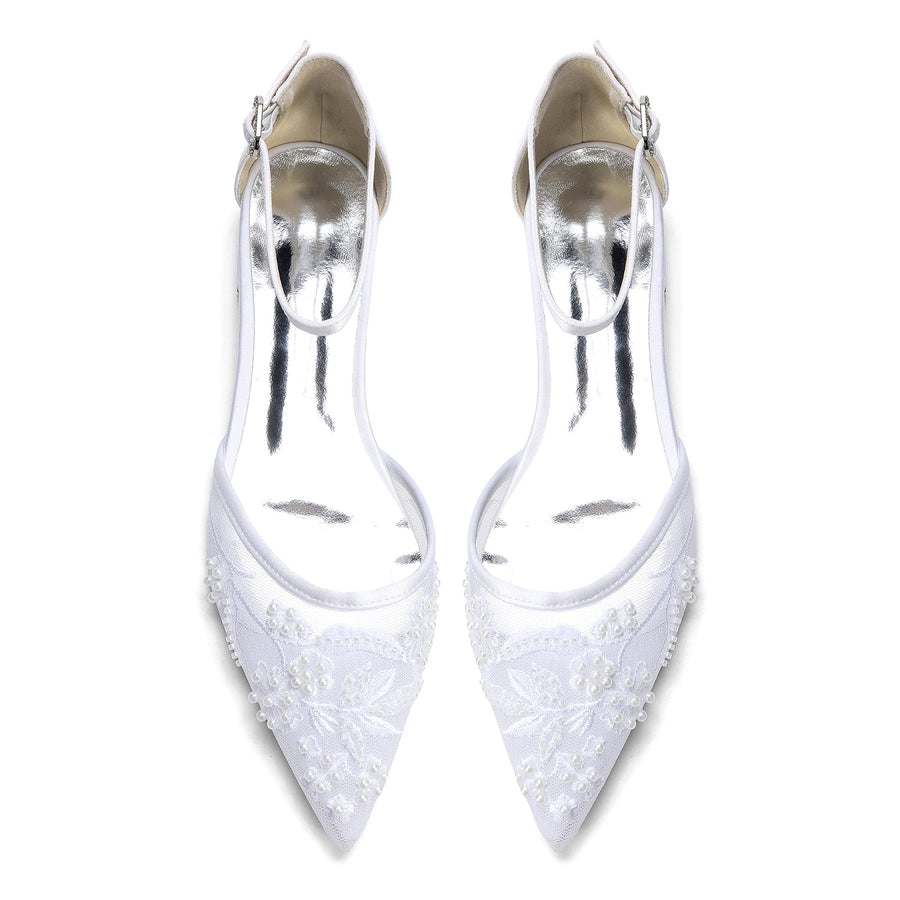 Women's Lace Silk Satin With Ankle Strap Closed Toe Flat Heel Evening Shoes