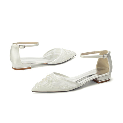 Women's Lace Silk Satin With Ankle Strap Closed Toe Flat Heel Evening Shoes