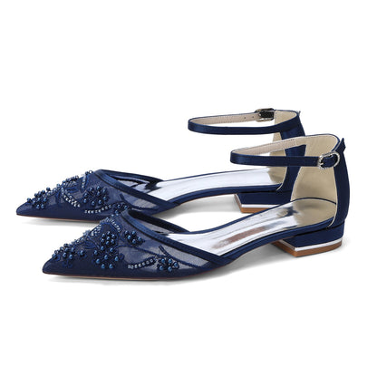 Women's Lace Silk Satin With Ankle Strap Closed Toe Flat Heel Evening Shoes