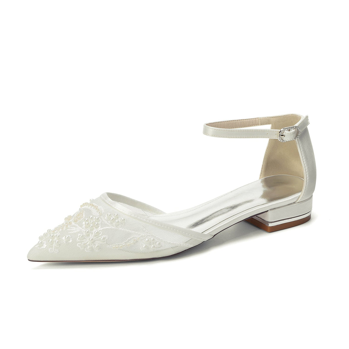 Women's Lace Silk Satin With Ankle Strap Closed Toe Flat Heel Evening Shoes